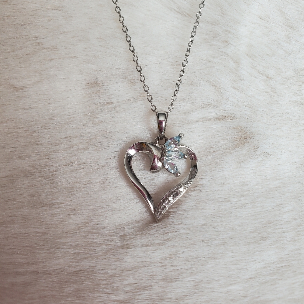 Sterling Silver Heart Pendant with Blue Topaz & 18" Chain.